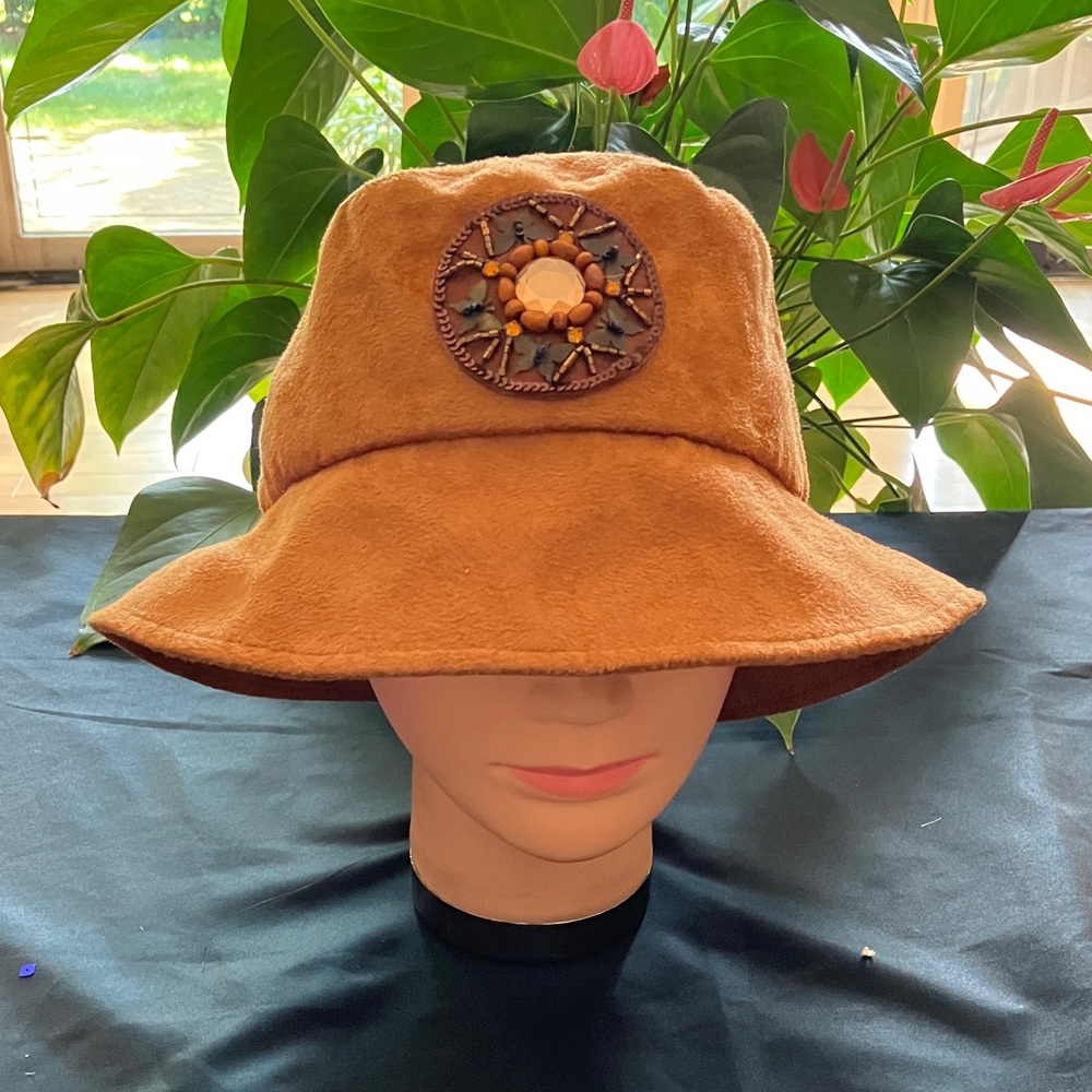 Chic Taupe Suede Bucket Hat with Embroidered Patch